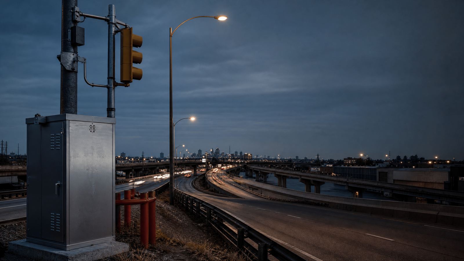 Roadway signal infrastructure at dusk beside a U.S. highway.